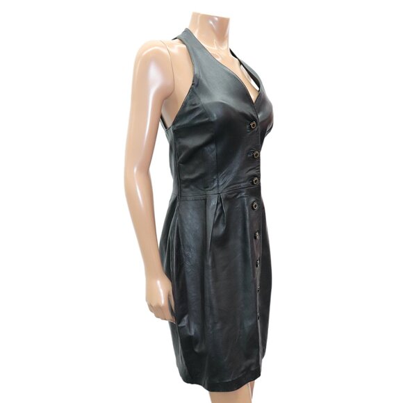 Black Leather Button Front Mini Halter Dress M - Picture 3 of 5